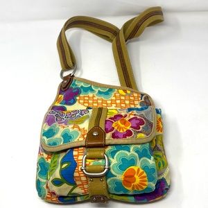 FOSSIL Floral Canvas & Leather Trim Crossbody Messenger Shoulder Bag Purse